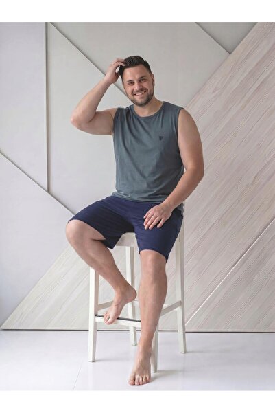 PİJAMUS Erkek Battal Pamuklu Sıfır Kollu Şortlu Pijama Takımı