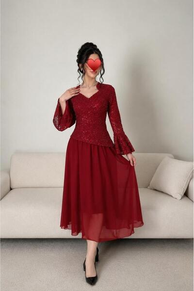 Mar style Women Shiny Top Ruffle Sleeve Midi Dress