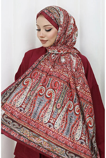 sefamerve Ethnic Pattern Voile Shawl 70303-14 Claret Red