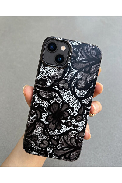 OVADA İphone 13/14/15 Uyumlu Dantel Desen Baskılı Silikon Telefon Kılıfı