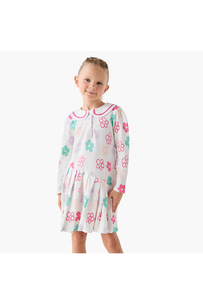 Juniors Peter Pan Collar Long Sleeves Dress with Floral Print