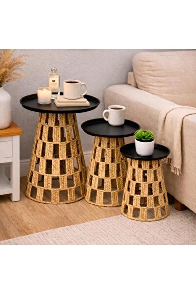 Warehouse Luxury Wicker Side Table Set with Black Metal Top Three Pieces