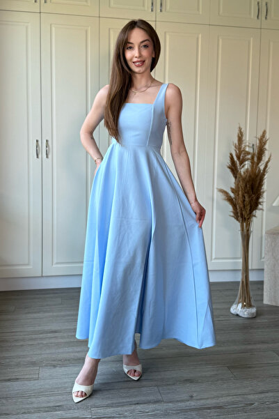 Dilay Gökoğlu Butik Square Neck Midi Blue Dress with Bow Detail on the Back