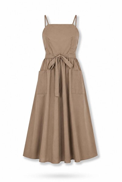 5in1Canpolat Brown Tie-Detail Design Dress 0079