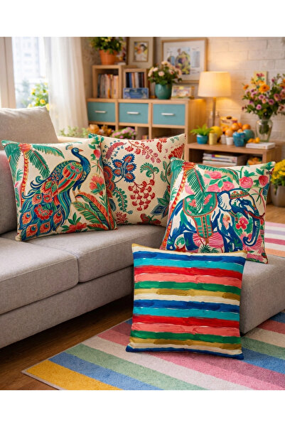 Piloji Printed Indian Elephant Patterned 4-Piece Suede Throw Pillow Cover Set