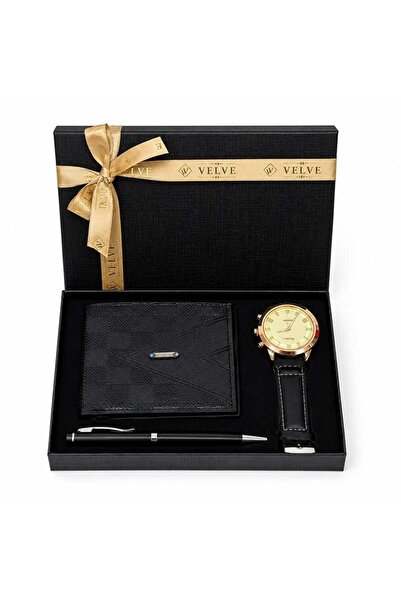 velve Set premium pentru barbati cu portofel negru din piele , ceas si pix, i...