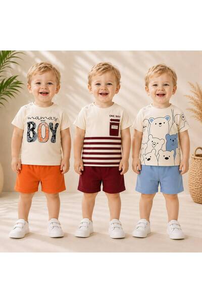 Organic Product DimpleBaby 3’lü Bebek Takım Seti Yazlık Pamuklu Şortlu Kombin...