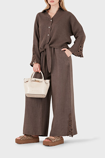 Via Dante Relaxed Fit Güpür Detaylı Bol Paça Keten Pantolon PANTOLON 699E10941