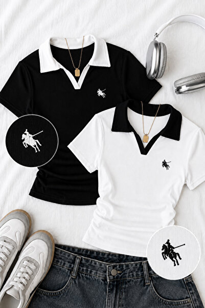 İlayda Toprak Soul 2'li Paket Siyah & Beyaz Polo Yaka Likralı Nakışlı Premium...
