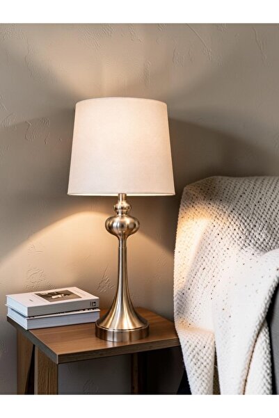 sahal aloula Metal Frame Silver Base Table Lamp with White Fabric Shade - War...