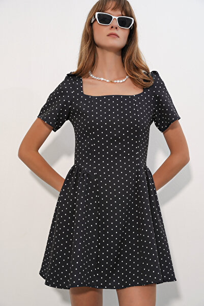 Bigdart Women's Polka Dot Square Neck Short Sleeve Mini Dress 2604 - Black