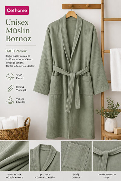 Weweus ÇetHome Haki Renk Kemerli Unisex %100 Pamuklu Müslin Kumaş Bornoz