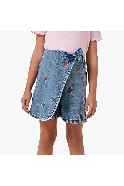 Juniors Elastic Waist Denim Skorts with Cherry Embroidery