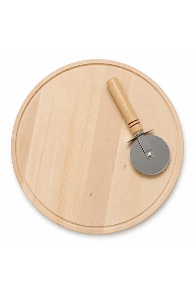 OEM Platou rotund pentru pizza 32 cm din lemn, cu tăietor inclus