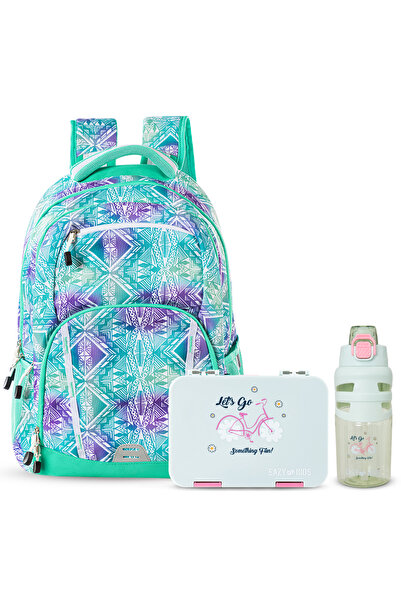 Eazy Kids School Bag 18" w/ Bento Lunch Box & Water Bottle – Geometrical Green