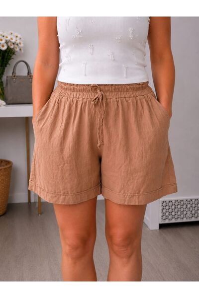 MARE BUTİK Elastic Waist Linen Textured Shorts - Brown