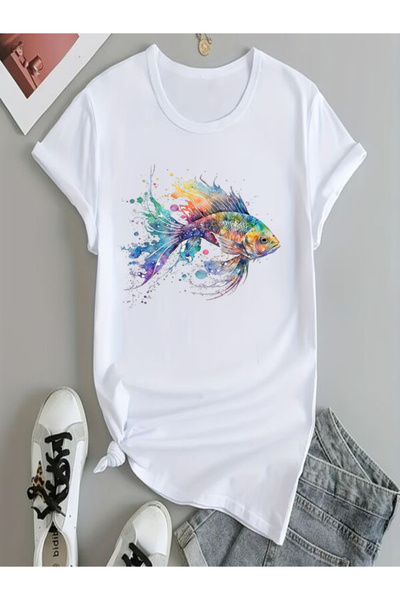 COZYWEAR Colorful Fish Printed White Oversize T-Shirt