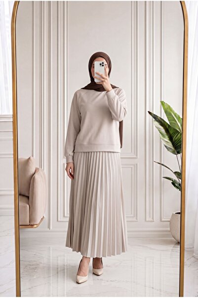 MİHRA STORE Talih Side Zippered Skirt Pleated Suit-Pa7066 Stone