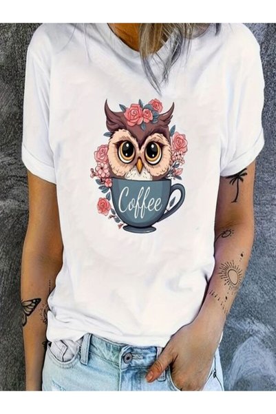 vorena Cute Owl and Coffee Themed Printed T-Shirt