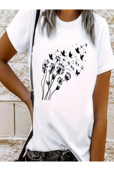 vorena White Women's T-Shirt with Black Floral and Butterfly Print