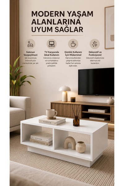 FURNICI Modern BEYAZ Orta Sehpa Açık Raflı Çok Amaçlı Salon Sehpası 90x45x30 cm