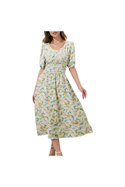 OEM Rochie de damă Midi de vară în cloș aerisită cu flori albă L