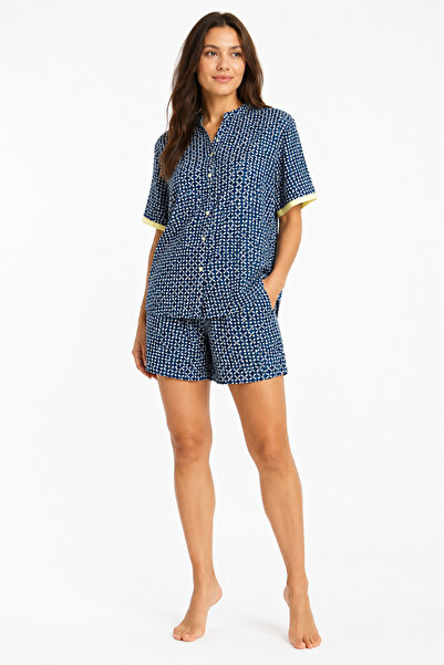 Tusebu Organic Cotton Navy Blue Geometric Patterned Women's Shorts Pajama Set...