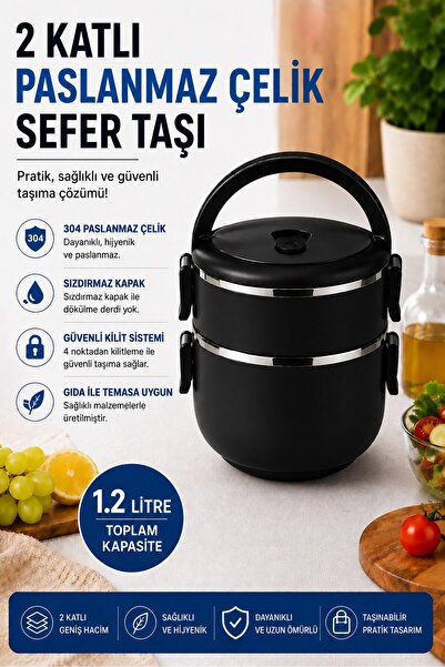Sas Haus 2 Katlı 1.2 Litre Paslanmaz Çelik Sefer Tası Sızdırmaz Kapaklı Yemek...