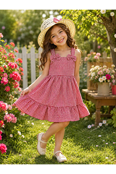 tinytrends Set rochie de vară cu bretele și model Gingham pentru fete și pălă...