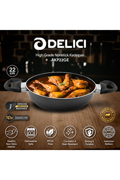DELICI AKP22GE 22CM Granite Non-Stick Kadai Pan with Glass Lid, PFOA-Free Alu...