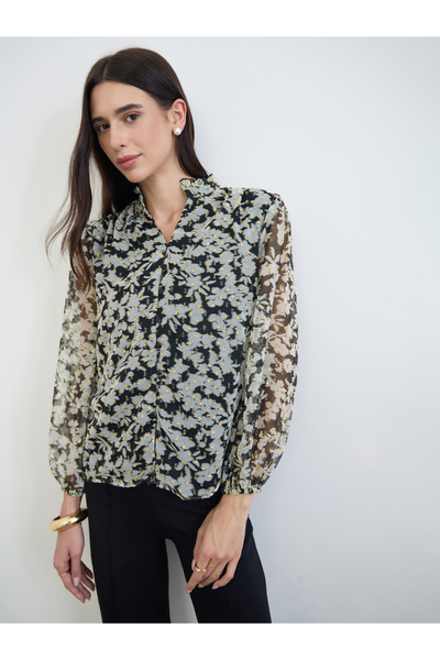 Styli Black Floral Print Sheer Blouse