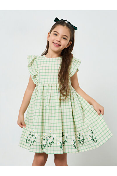 Styli Girls Green Checkered A-Line Dress with Floral Embroider