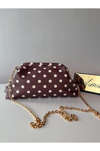 emelimin Women's Brown-Cream Polka Dot Scholarship Pouch Bag with Gold Chain ...