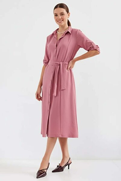 Generic Brand Women's Shirt Collar Belted Dusty Rose Dress