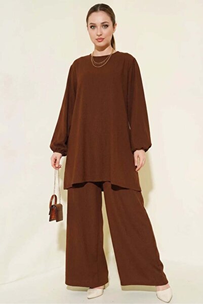 ALFA AKSESUAR 03 Women's Round Neck Long Sleeve Brown Two-Piece Set