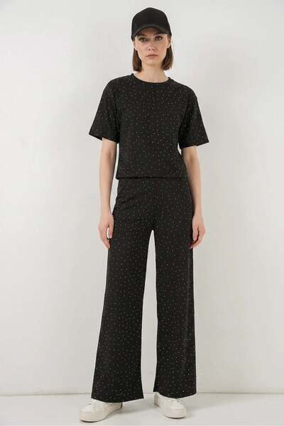 ALFA AKSESUAR 03 Women's Round Neck Dotted Pattern Black Two-Piece Set