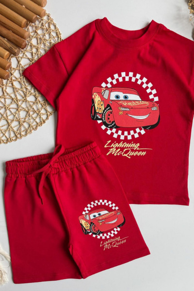 NOBLEKIDS طقم تي شيرت وشورت مطبوع عليه شيمبيكس ماكوين للأولاد باللون الأحمر