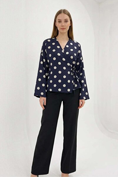 ALFA AKSESUAR 03 Women's V-Neck Belted Polka Dot Viscose Navy Blue Blouse