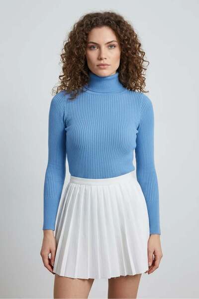Generic Brand Women's Turtleneck Fit-Cut Knitwear Blue Sweater
