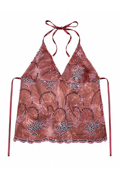offcastle Halter yaka boncuk detaylı crop ip bağlamalı