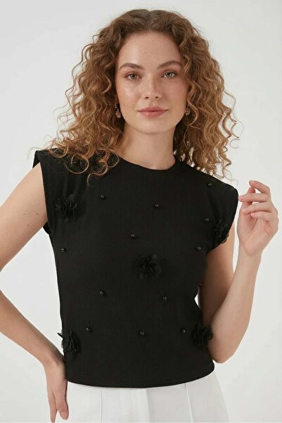 ALFA AKSESUAR 03 Women's Round Neck D Floral Detailed Short Sleeve Black Blouse