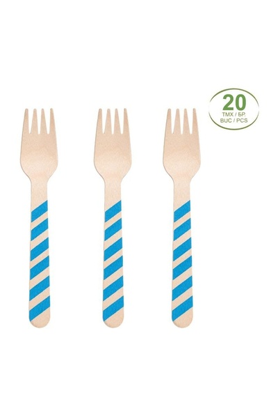 OEM Furculițe din Lemn cu Mâner Bleu Dungat 16 cm, Set 20 buc, pentru Petreceri