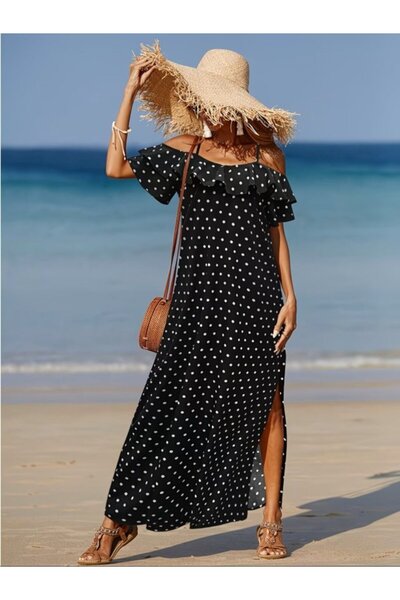 kendim fashion Women's open shoulder ruffle detail slit long polka dot suprem...