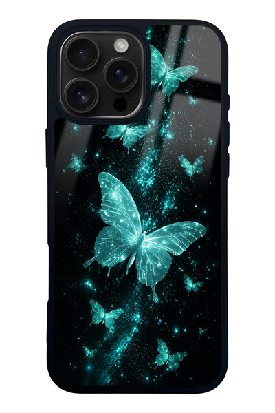 Spoyi iPhone 16 Pro Max Turquoise Galaxy Butterfly Design Glossy Phone Case