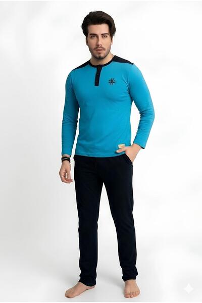 CottonVia Set de pijamale pentru bărbați, mânecă lungă, 100% bumbac, guler cu...