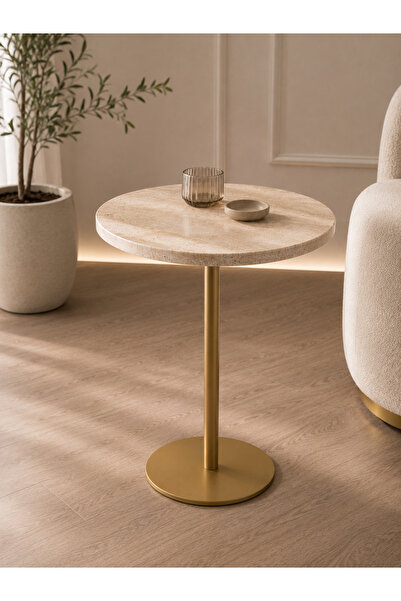 zekmar home stone Doğaltaş Traverten Yan Sehpa / Mat Gold Metal Ayak