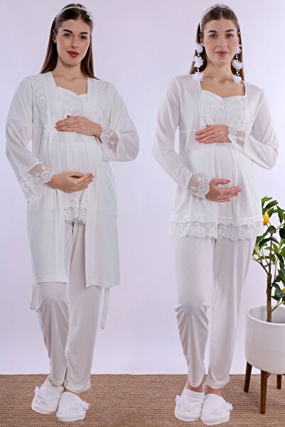 ByLohusa Comfortable Cut Maternity Pajama Set with Nursing Features and Robe ...