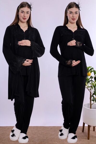 ByLohusa Maternity Pajama Set with Nursing Features and Robe Effortt - Black