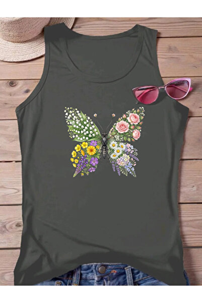 SUNFREE Flower Winged Butterfly Printed Regular Sleeveless Athlete Crew Neck ...