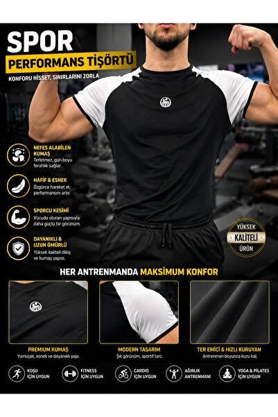 BlackBörk Erkek Spor Tişörtü Nefes Alan Hafif Fitness Tişörtü Siyah-Beyaz